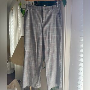 Grey Plaid Straight-Leg Trouser Pants